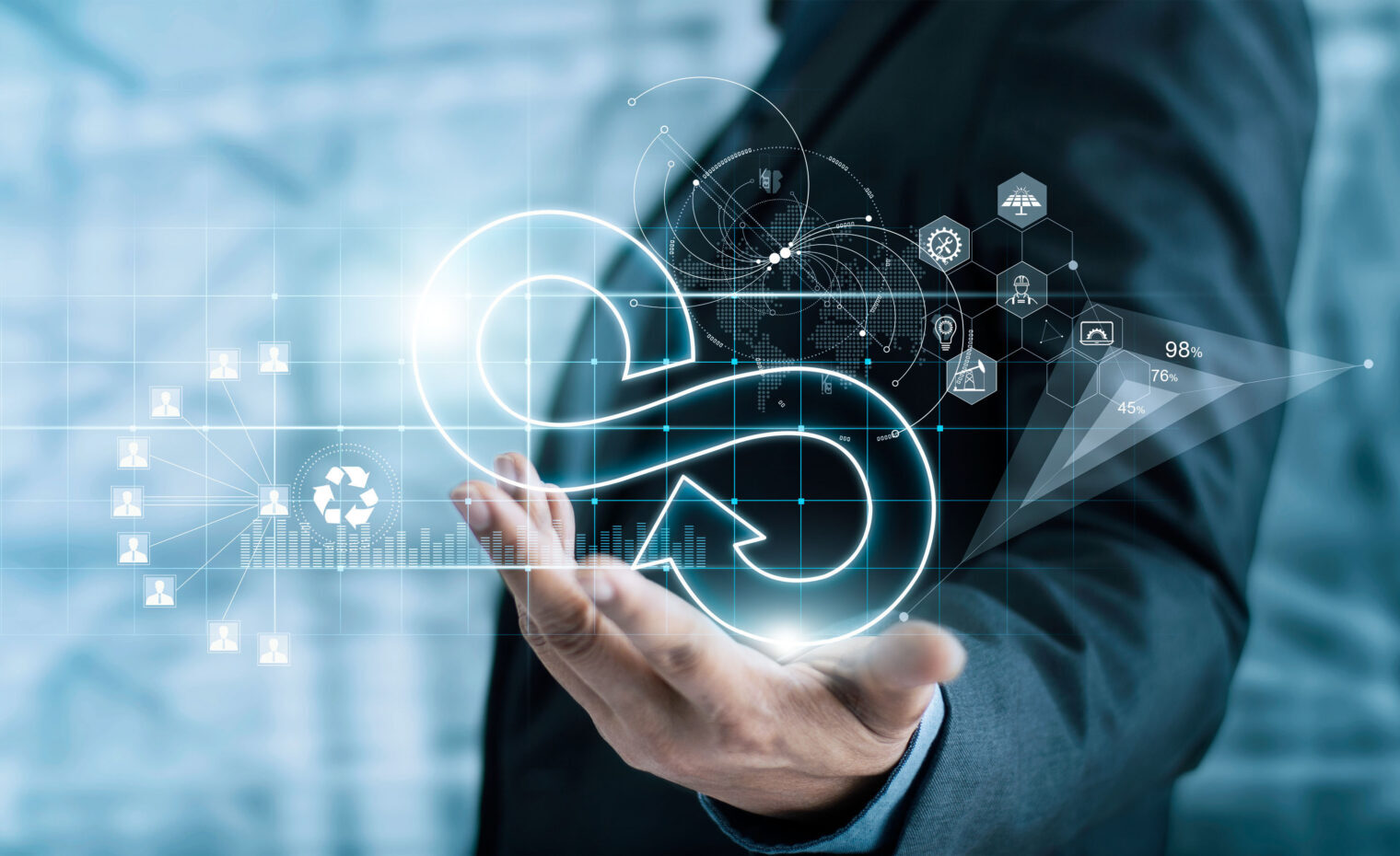 Businessman hold circular economy icon. Sustainable strategy approach to eliminate waste and pollution for future growth of business and environment, design to reuse and renewable material resources.